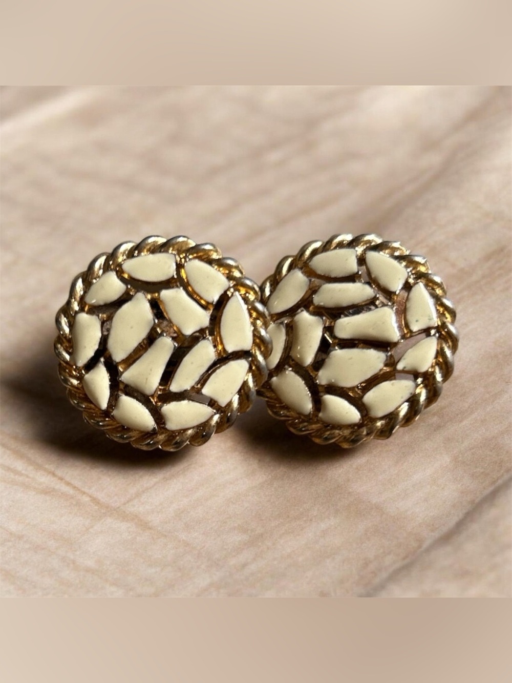 Gold & Cream Mosaic Round Button Clipon Earrings - Classic Women’s Jewelry - Picture 1 of 2